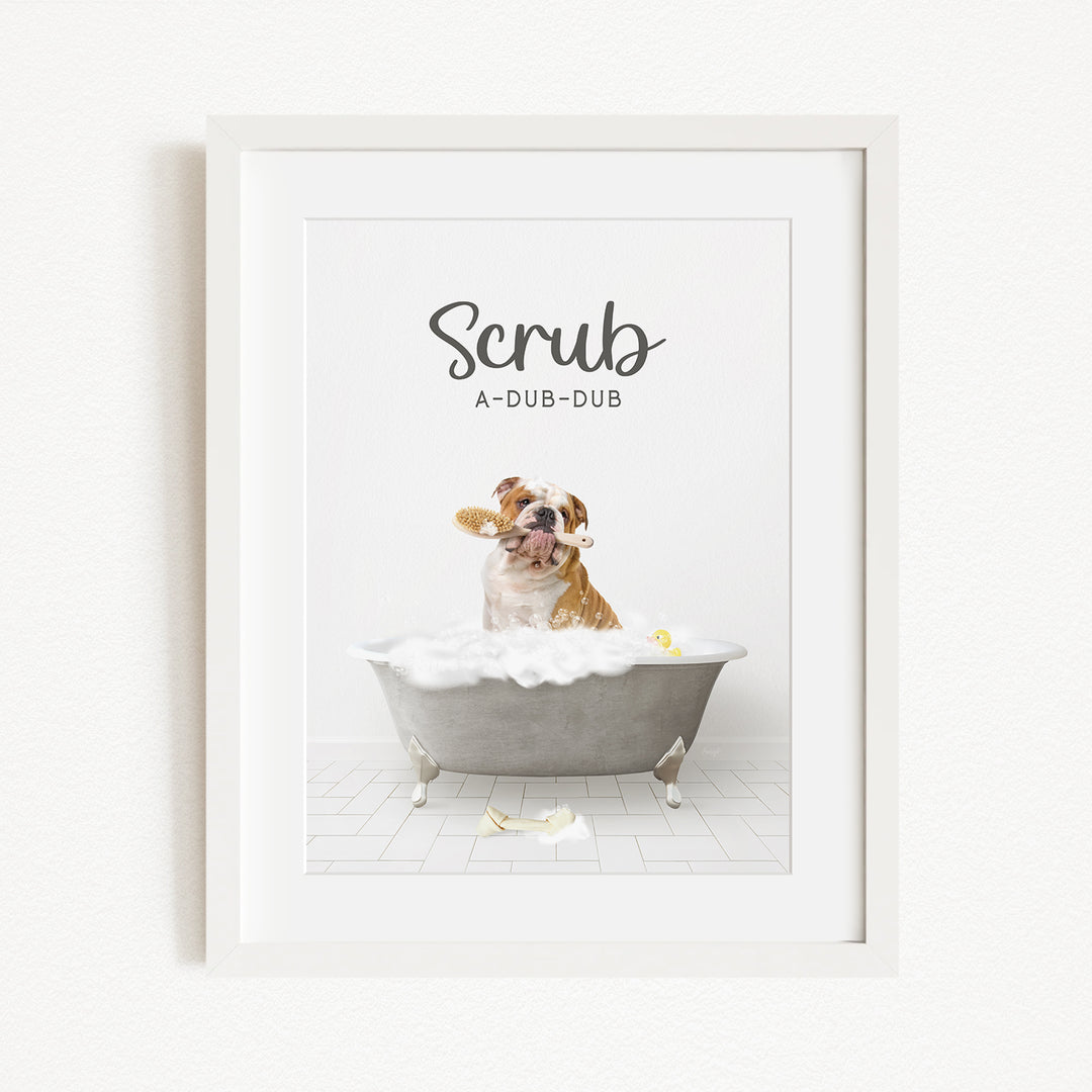 A dog sitting in a bathtub filled with bubbles, with the text "Scrub A-DUB-DUB" above it.