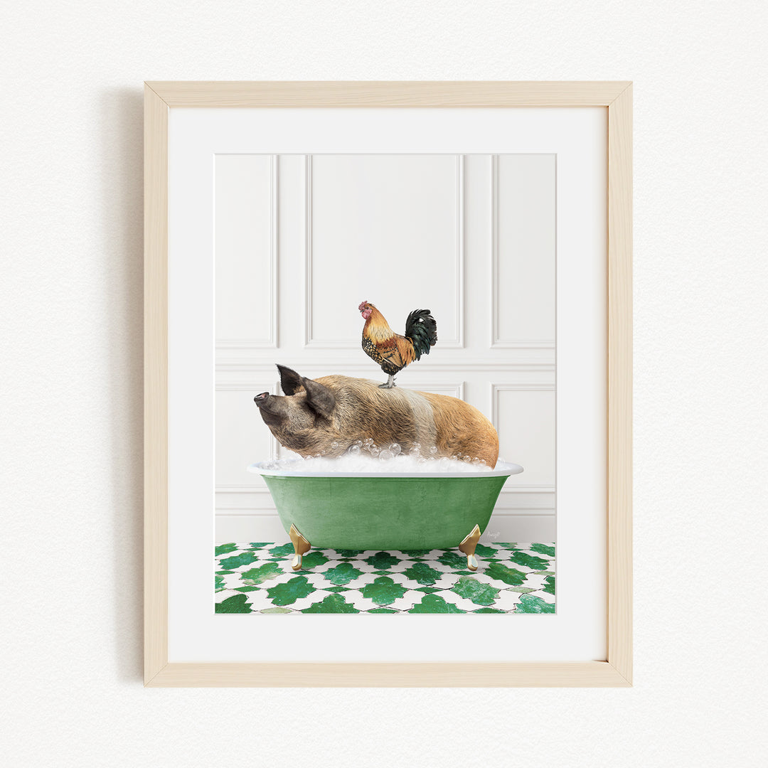 A rooster sits atop a pig in a green bathtub, both resting on a green and white patterned rug.