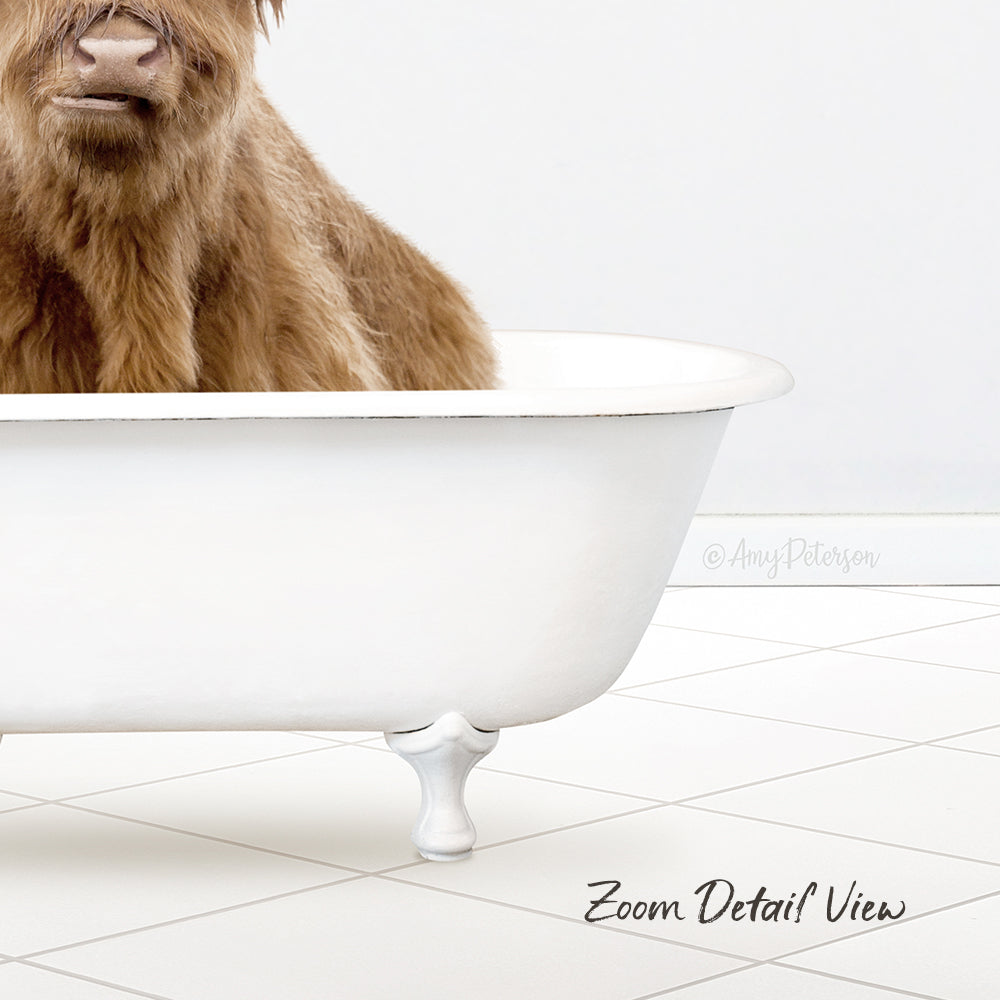 A brown dog sitting in a white bathtub, with a tiled floor and a white wall in the background.