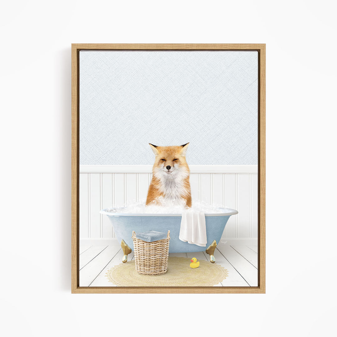 A red fox is sitting in a blue bathtub filled with water, surrounded by rubber ducks.
