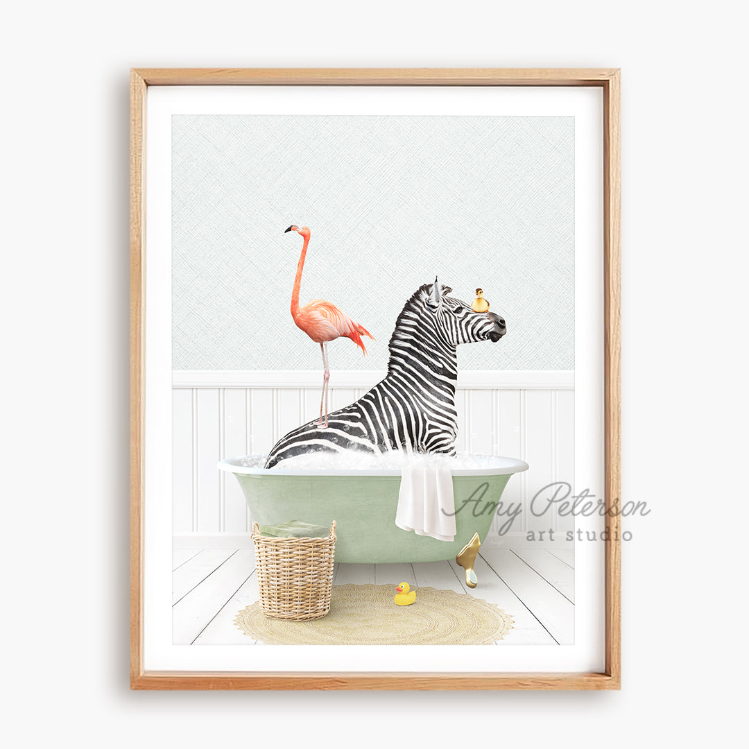 a picture of a zebra and a flamingo in a bathroom