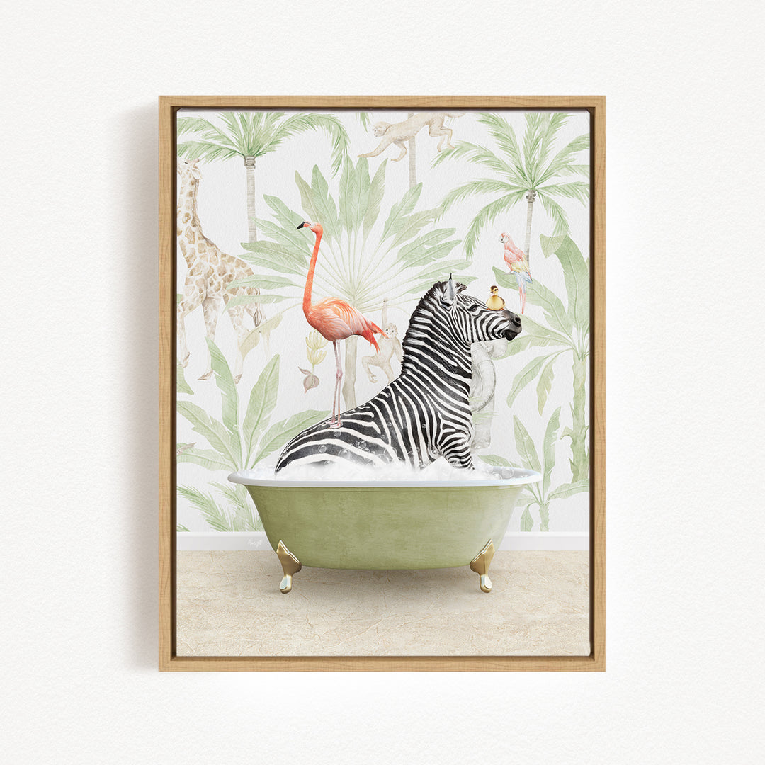 A zebra is sitting in a green bathtub, surrounded by a flamingo, a giraffe, and other tropical animals, all against a backdrop of palm trees and other foliage.