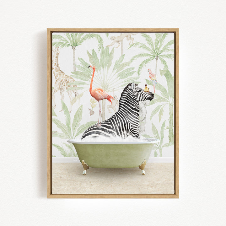 A zebra is sitting in a green bathtub, surrounded by a flamingo, a giraffe, and other tropical animals, all against a backdrop of palm trees and other foliage.