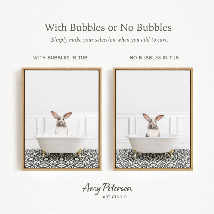 The image is a collage of two framed pictures, each depicting a rabbit sitting in a bathtub. The text above the images reads "With Bubbles or No Bubbles" and below the images, it says "Simply make your selection when you add to cart."
