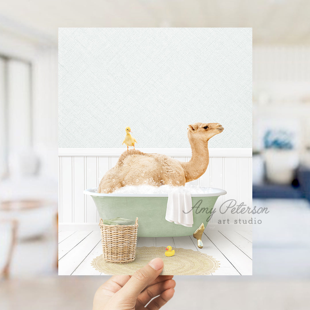 a hand holding a card with a camel in a bathtub