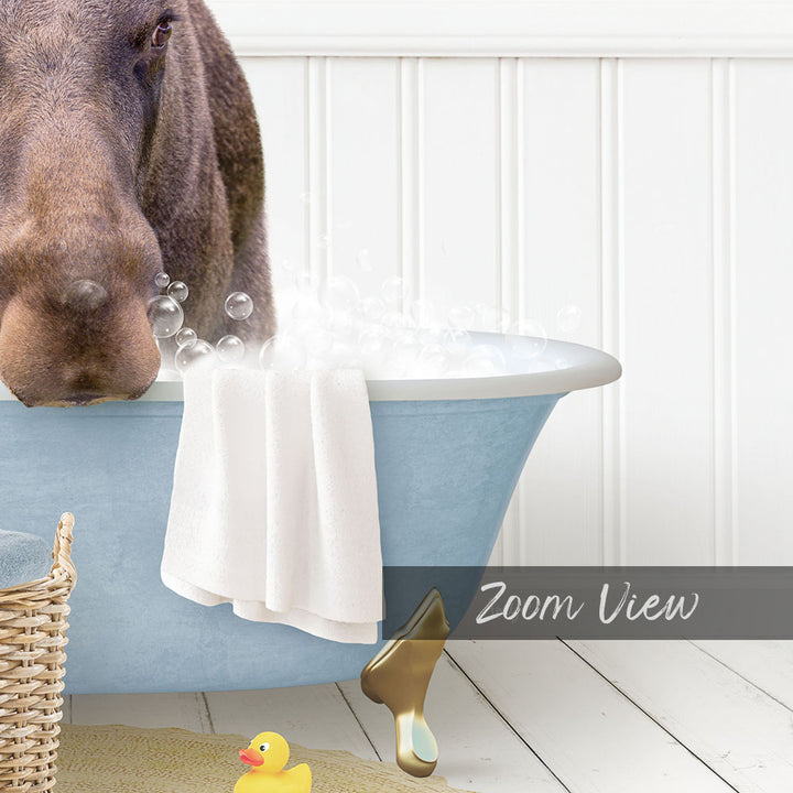 A dog is standing in a blue bathtub filled with water, surrounded by bubbles, with a yellow rubber duck nearby.
