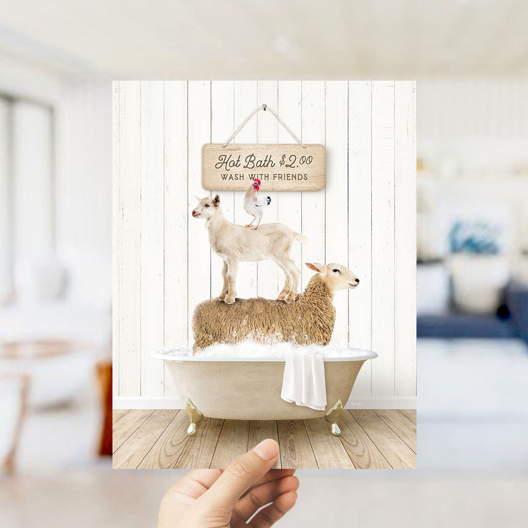 A hand holding a framed image of a white bathtub with two sheep standing on it, and a sign above the bathtub that says "Hot Bath $2.00 WASH WITH FRIENDS".