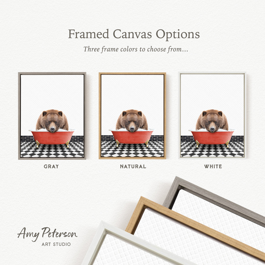 three framed canvas options, each featuring a brown bear sitting in a red bowl on a black and white checkered floor. The options include a gray frame, a natural frame, and a white frame.