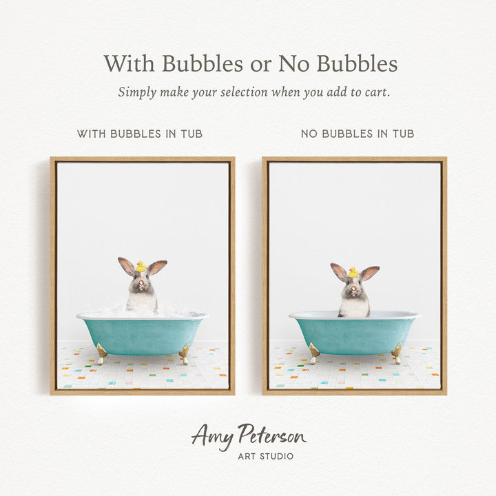 The image is a collage of two framed pictures, each depicting a rabbit sitting in a bathtub. The text above the images reads "With Bubbles or No Bubbles" and below the images, it says "Simply make your selection when you add to cart."
