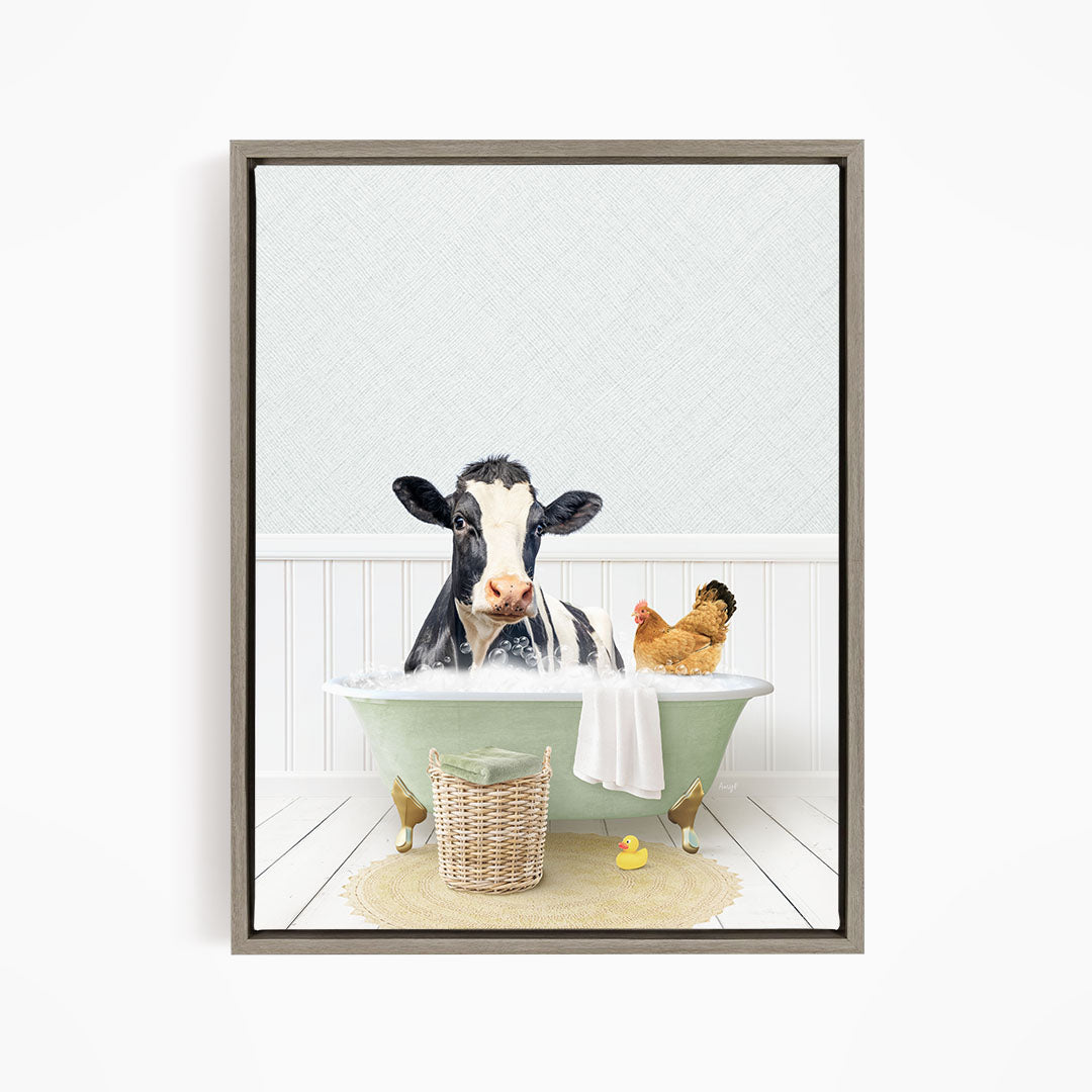 A cow is sitting in a bathtub filled with water, surrounded by a chicken and a rubber duck, creating a whimsical and playful scene.