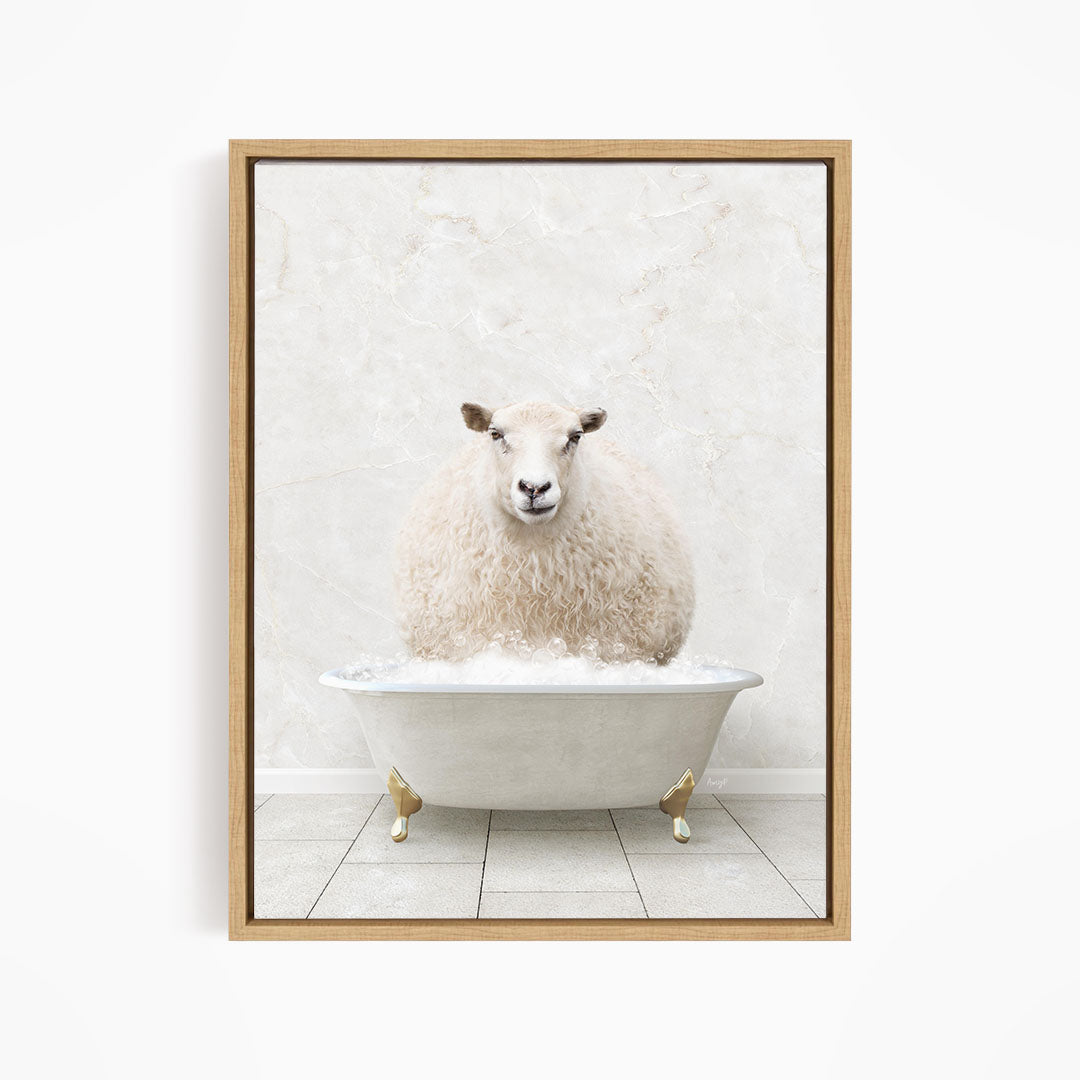 A fluffy white sheep sits in a white bathtub, surrounded by bubbles, creating a whimsical and playful scene.