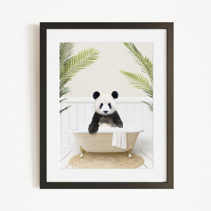 A panda bear sitting in a bathtub filled with water, surrounded by green plants.