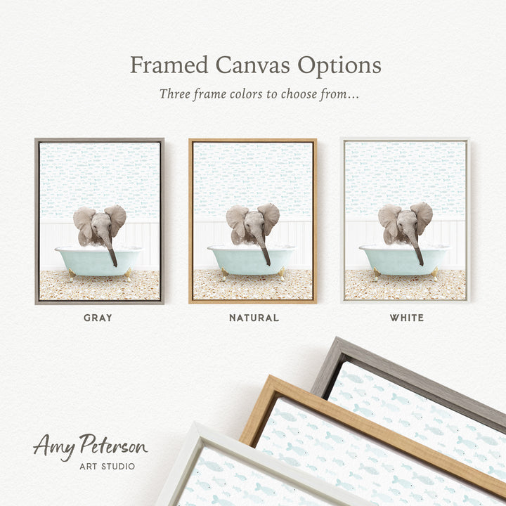The image is a framed canvas option showcasing three different colored frames for a painting of an elephant in a bathtub.