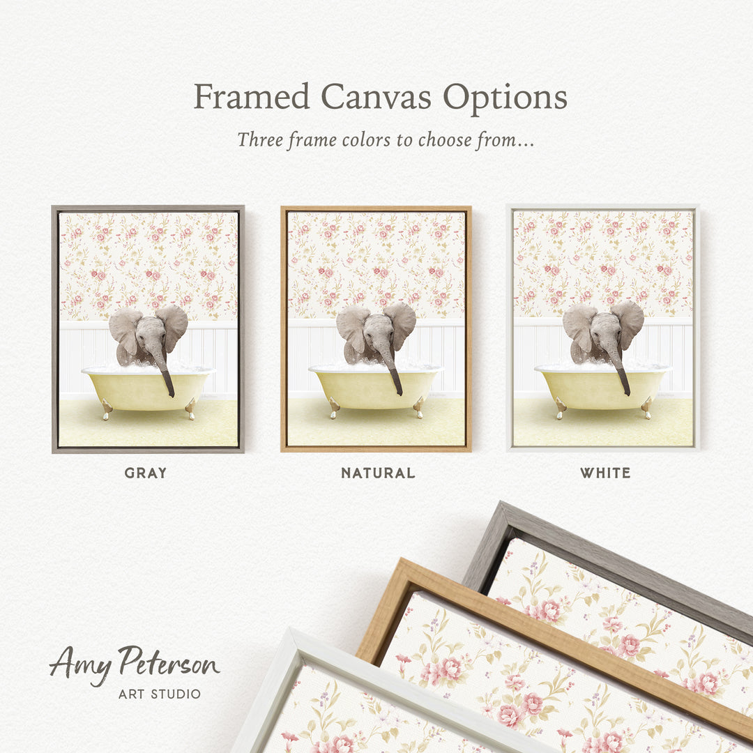 The image is a framed canvas option showcasing three different framed canvas options for a painting of an elephant in a bathtub.
