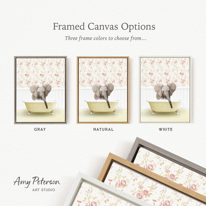 The image is a framed canvas option showcasing three different framed canvas options for a painting of an elephant in a bathtub.