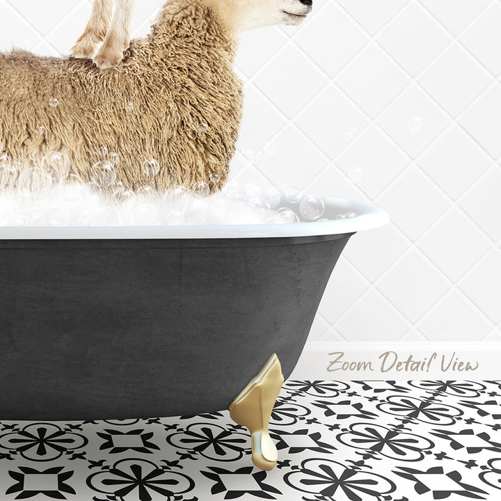 A sheep is standing in a bathtub filled with water, surrounded by a patterned tile floor.