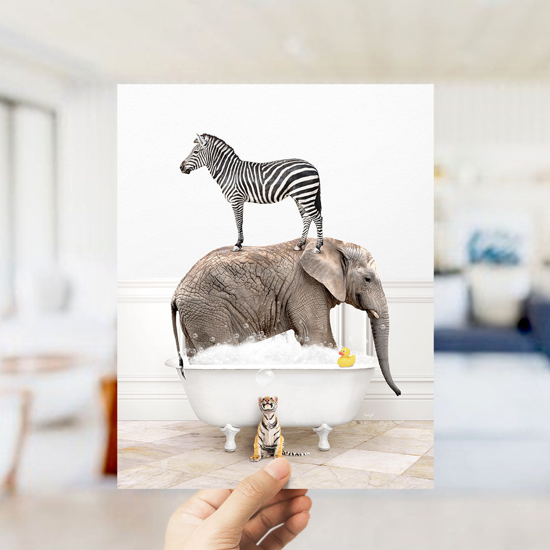 A zebra standing on an elephant's back while both animals are in a bathtub filled with bubbles.