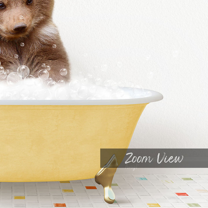 A cute brown bear sitting in a yellow bathtub filled with bubbles, with a text overlay that reads "Zoom View".