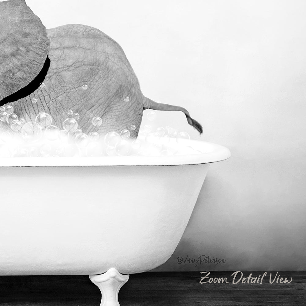A black and white image of an elephant sitting in a bathtub filled with bubbles.