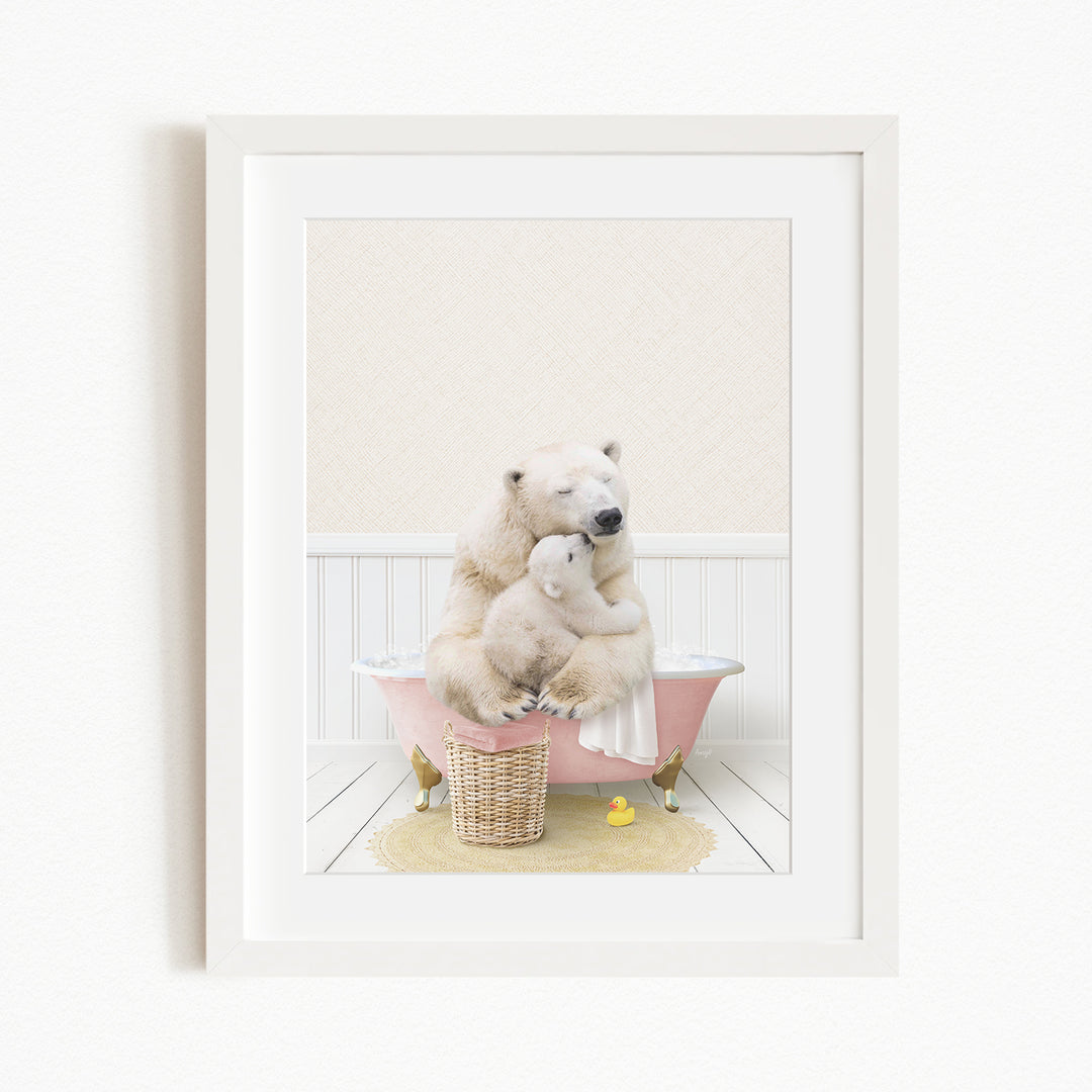 A polar bear is sitting in a pink bathtub, holding a baby bear in its arms, with a basket of rubber ducks nearby.
