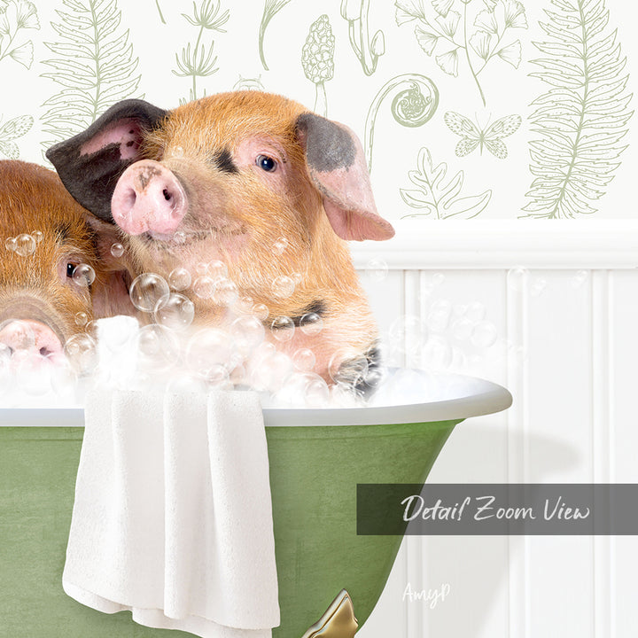 A pig sitting in a green bathtub filled with bubbles, surrounded by a floral pattern on the wall behind it.