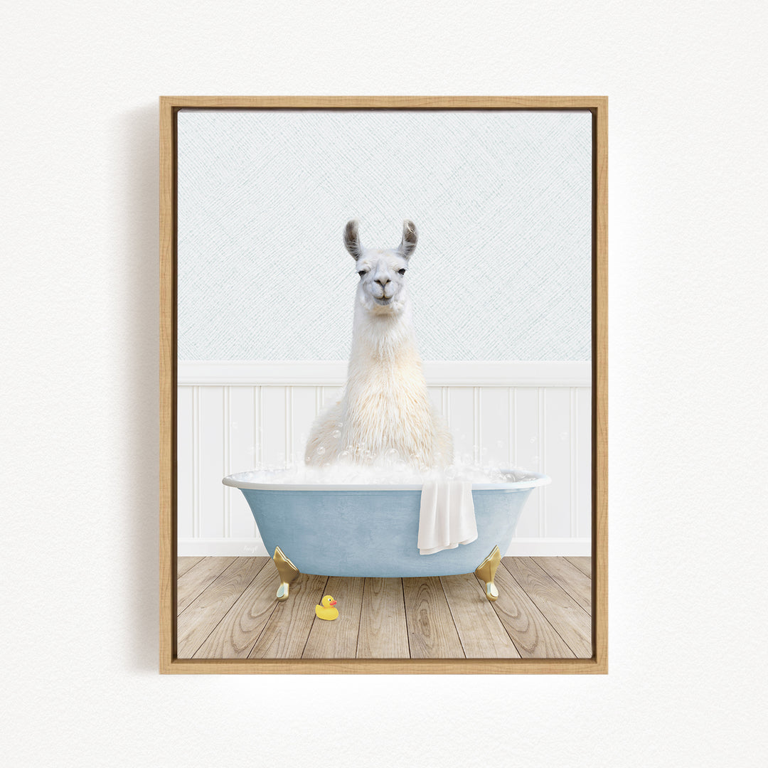 A white llama sitting in a blue bathtub filled with bubbles, with a yellow rubber duck floating nearby.