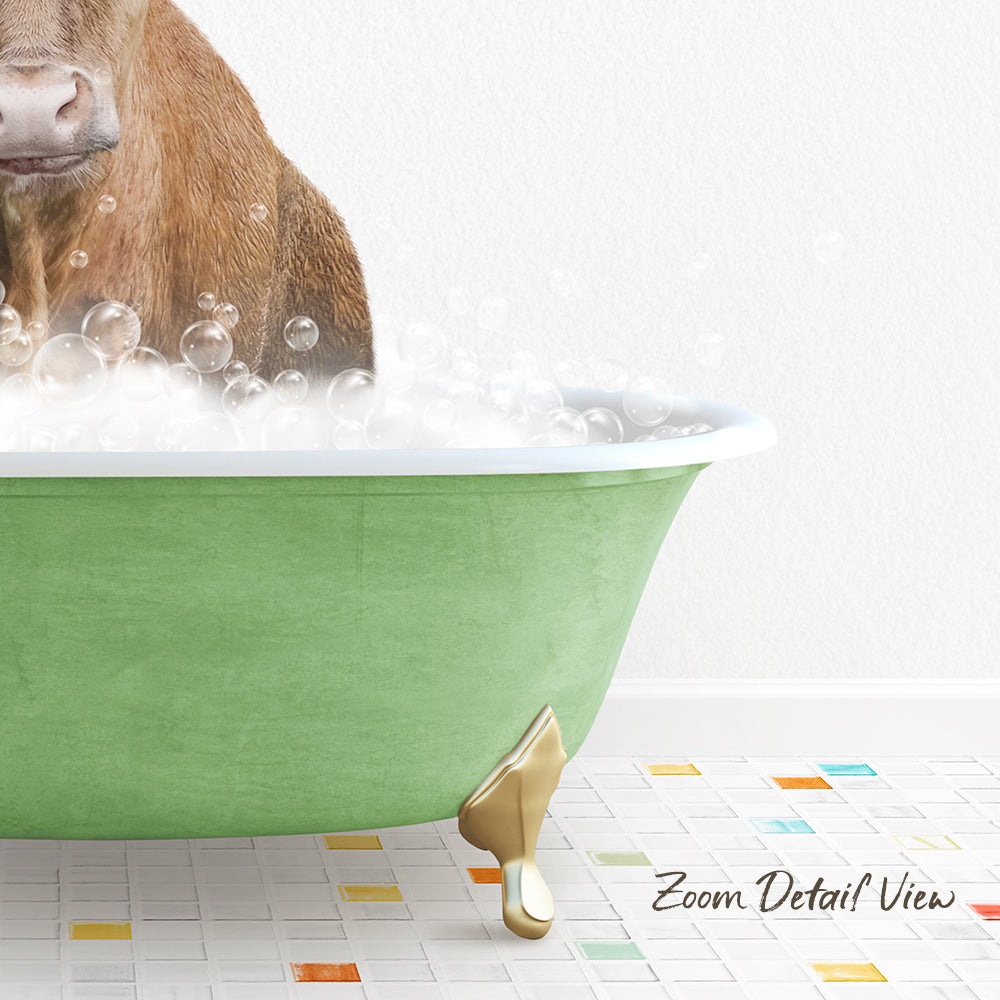 A brown dog is sitting in a green bathtub filled with bubbles, with a white wall in the background.