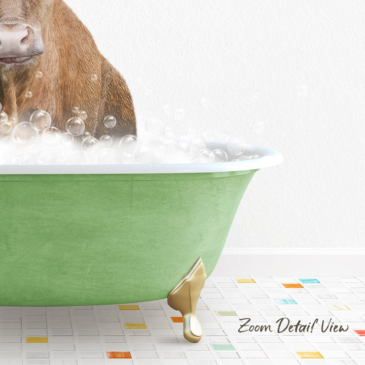 A brown dog is sitting in a green bathtub filled with bubbles, with a white wall in the background.