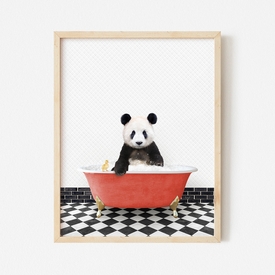 a panda bear sitting in a bathtub with a black and white checkered floor