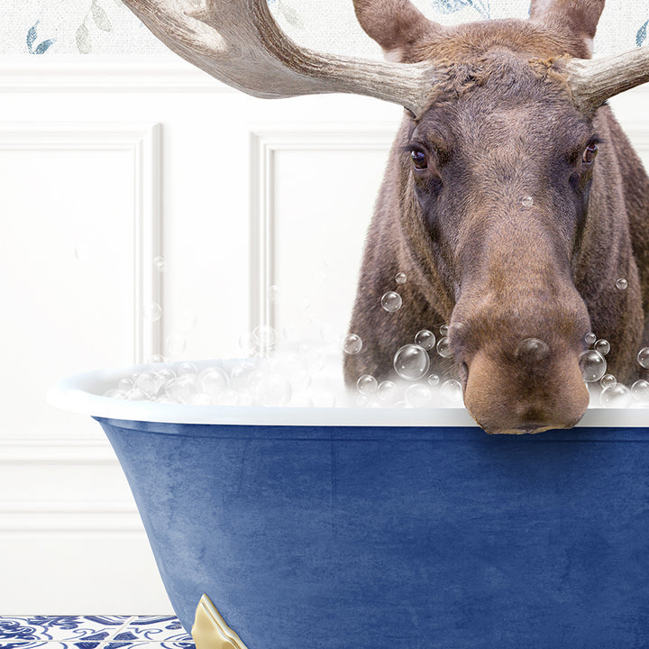 a moose is taking a bath in a blue bathtub