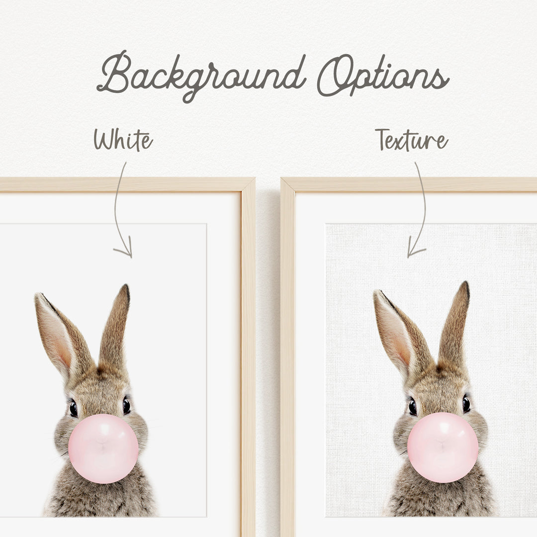 a cute bunny with a pink bubblegum bubble in its mouth, accompanied by text indicating the background options and texture.