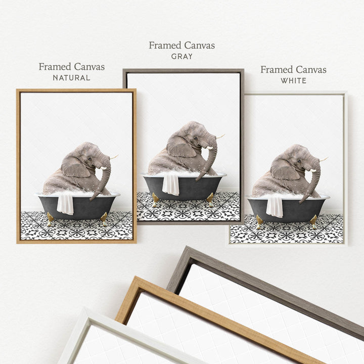 a framed picture of an elephant sitting in a bathtub, with three different colored frames labeled " Framed Canvas Natural", " Framed Canvas Gray", and " Framed Canvas White".