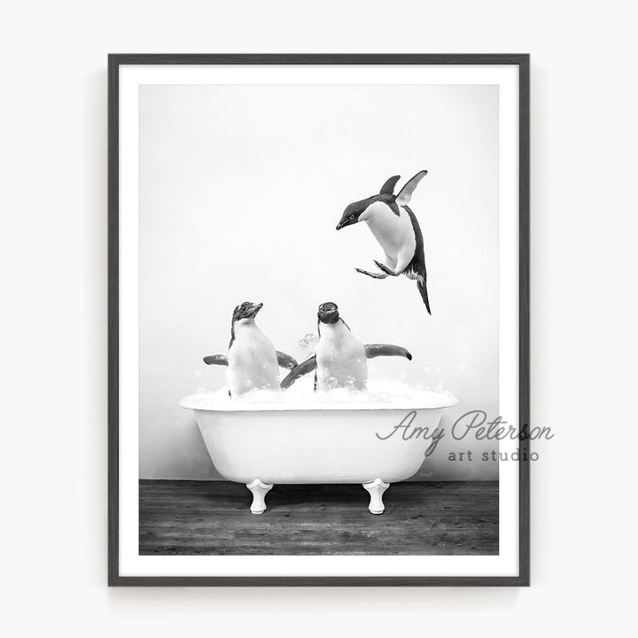 a black and white photo of three penguins in a bathtub