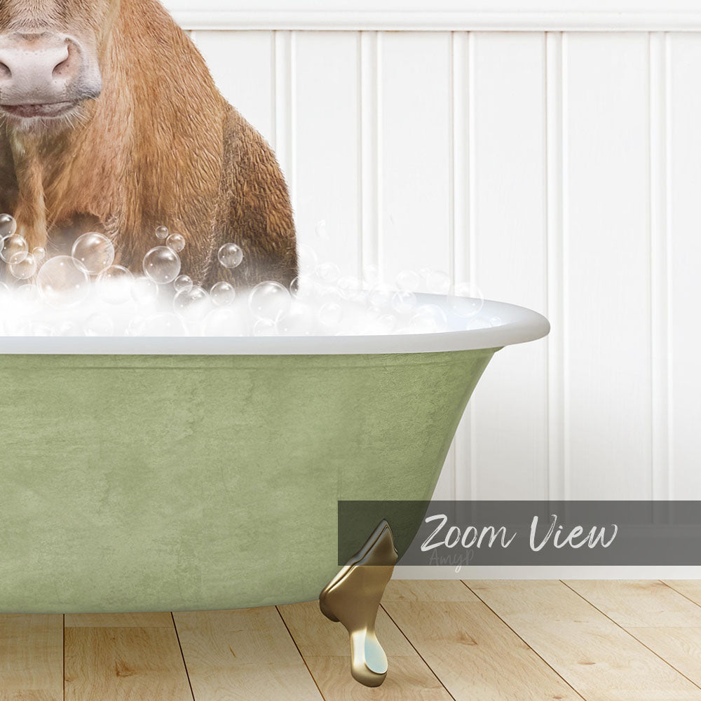 A brown cow is sitting in a green bathtub filled with bubbles, creating a whimsical and playful scene.