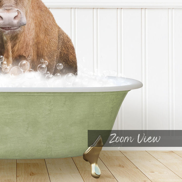 A brown cow is sitting in a green bathtub filled with bubbles, creating a whimsical and playful scene.