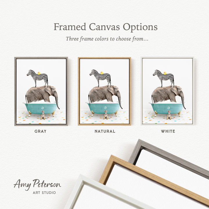 three framed canvas options featuring a zebra standing on an elephant's back in a bathtub, with each option having a different frame color.