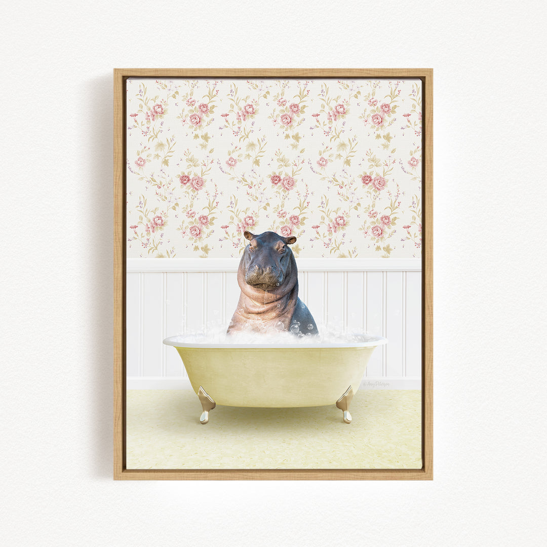 A hippopotamus sitting in a bathtub filled with water, surrounded by a floral wallpaper.