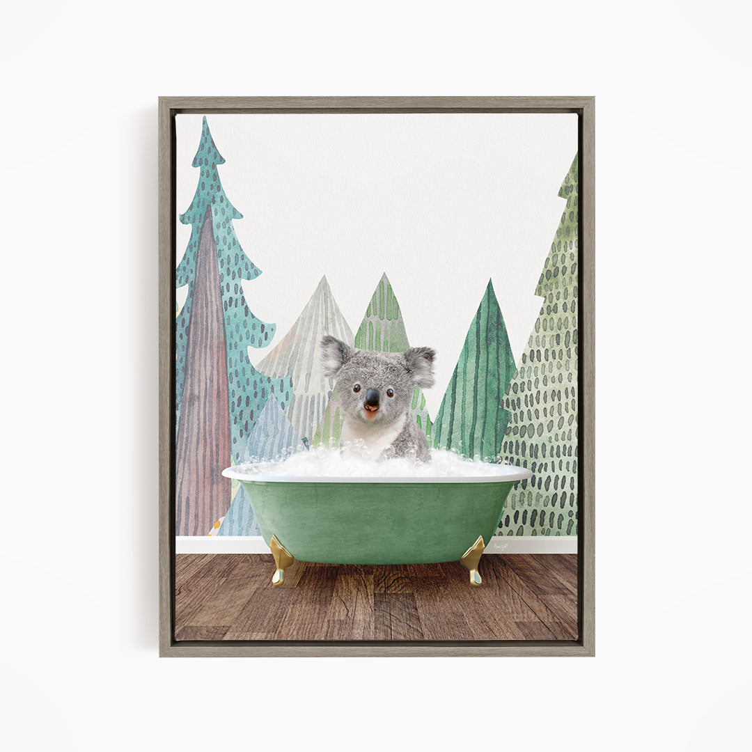 A koala bear sitting in a green bathtub, surrounded by a forest scene with trees and a snowy landscape.