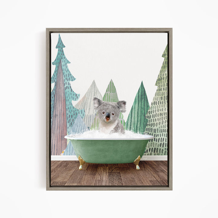A koala bear sitting in a green bathtub, surrounded by a forest scene with trees and a snowy landscape.