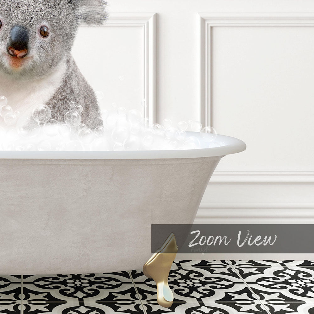 A koala sitting in a bathtub filled with bubbles, with a text overlay that reads "Zoom View".