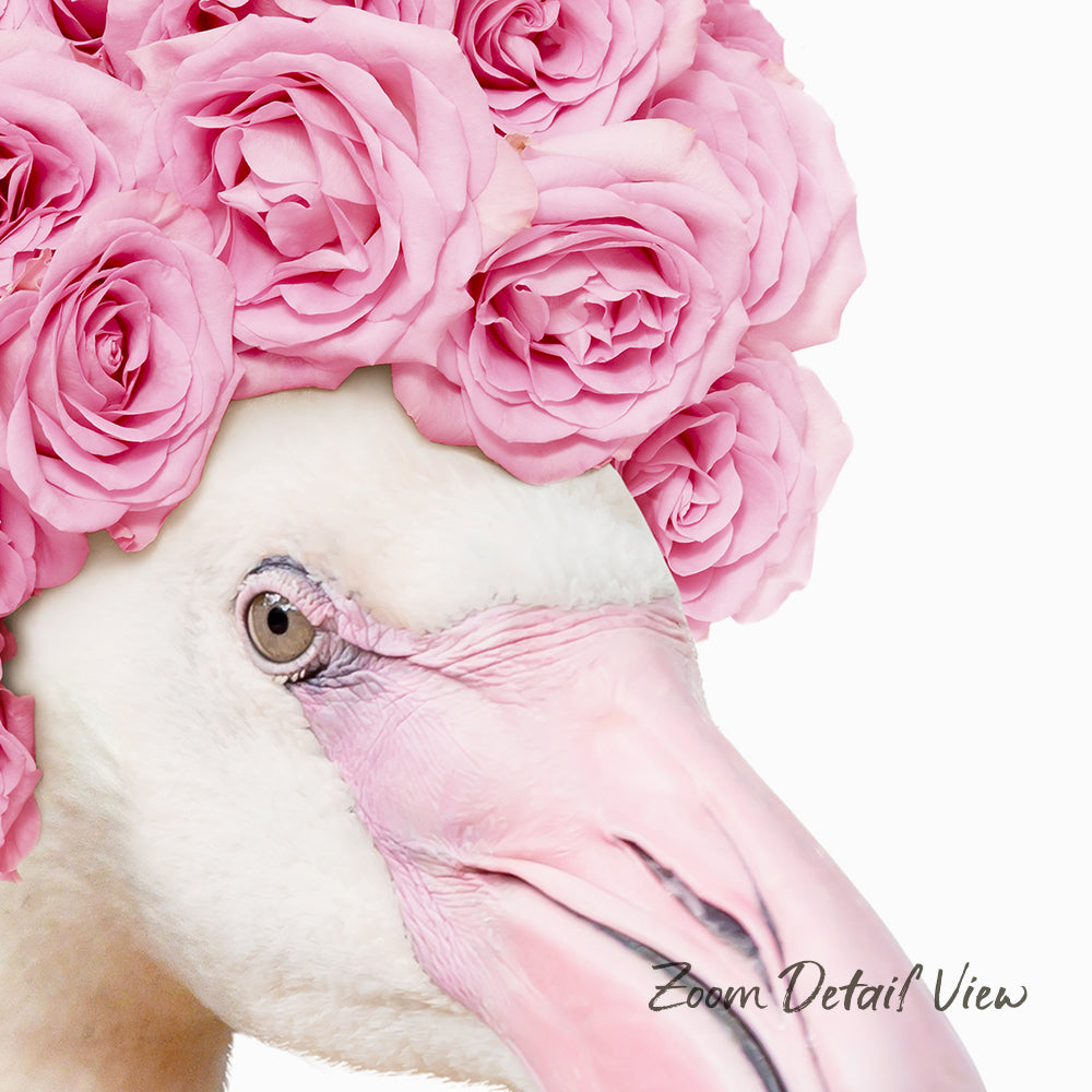 A close-up of a pink rose on a white background, with a close-up of a bird's eye and a pink flower crown on its head.