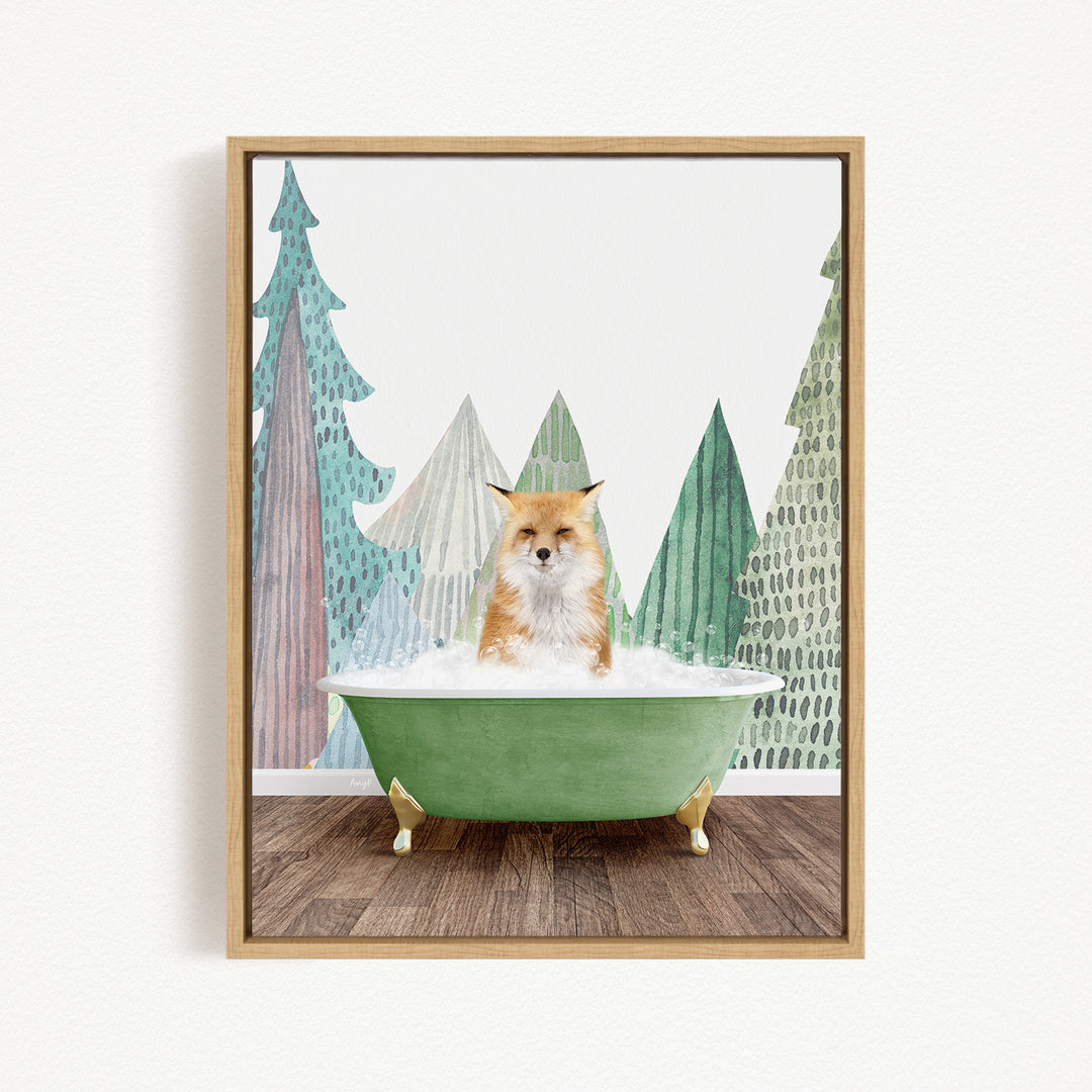 A fox is sitting in a green bathtub, surrounded by stylized pine trees in various shades of green and brown.