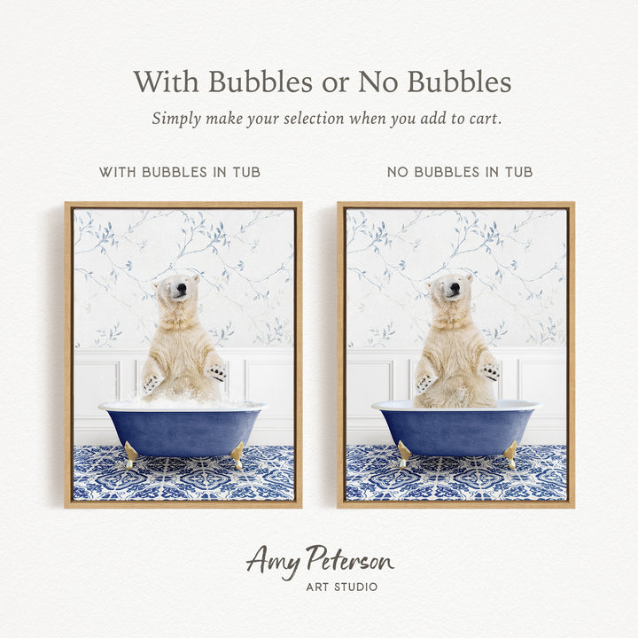 The image is a collage of two pictures featuring a polar bear sitting in a bathtub. The polar bear is sitting on a blue bathtub, and the image is framed with a gold border.