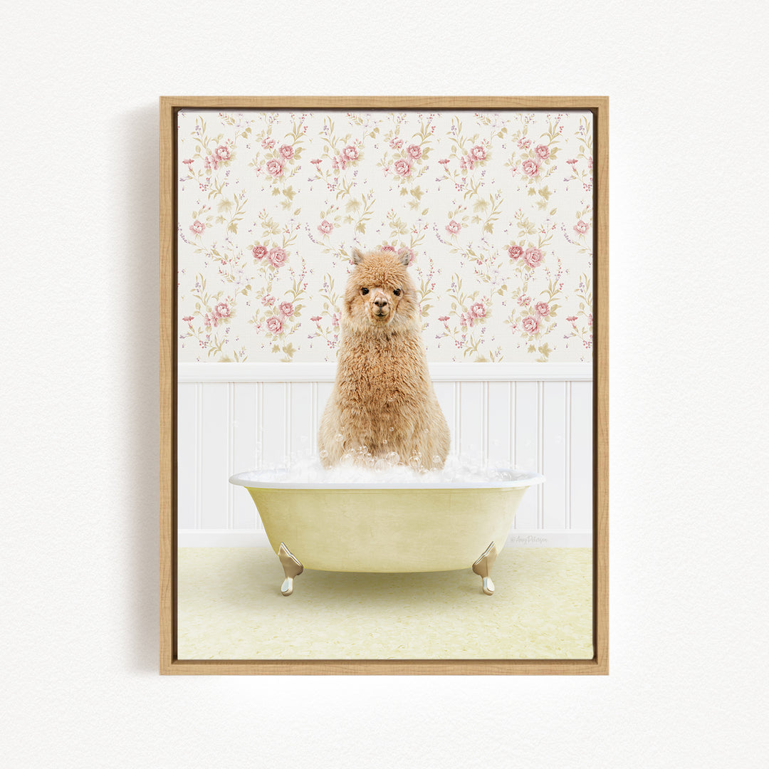 A fluffy brown dog sitting in a white bathtub filled with bubbles, surrounded by a floral wallpaper.