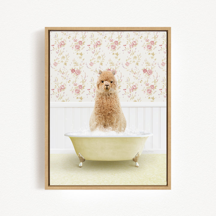 A fluffy brown dog sitting in a white bathtub filled with bubbles, surrounded by a floral wallpaper.