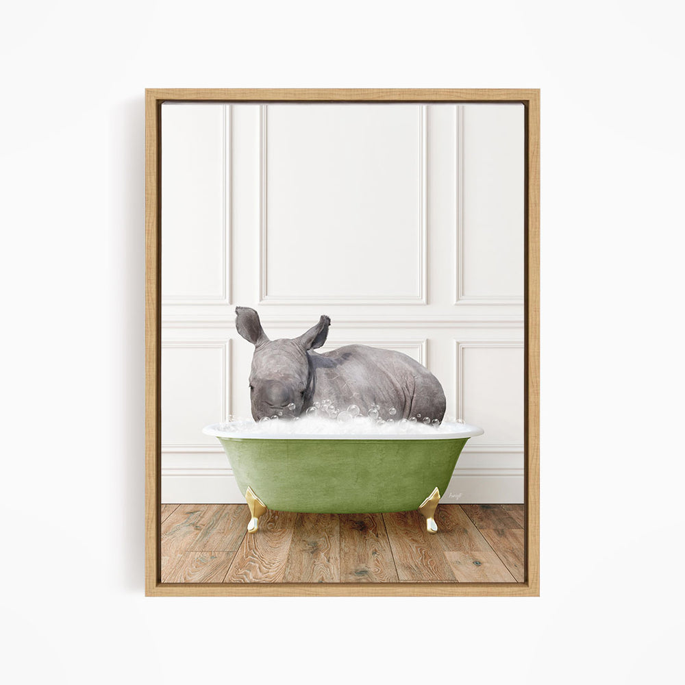 A rhinoceros is sitting in a green bathtub filled with water, creating a whimsical and playful scene.