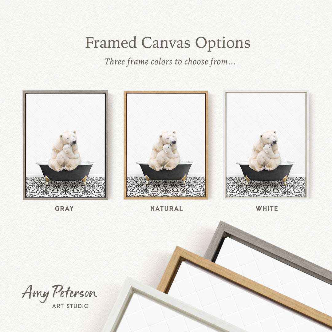 three framed canvas options, each featuring a white bear in a bathtub. The options include a gray frame, a natural frame, and a white frame.
