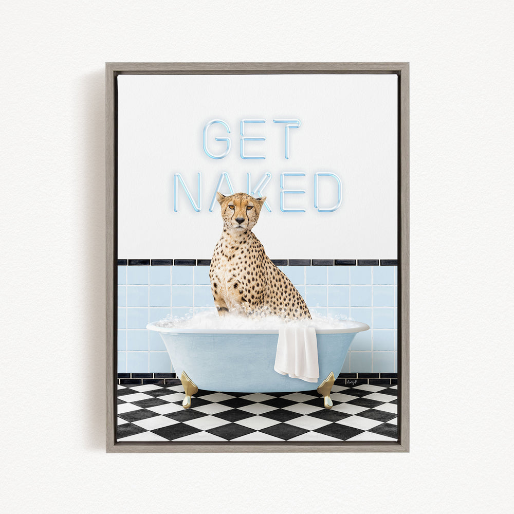 A cheetah sitting in a bathtub with the text "GET NAKED" displayed above it.