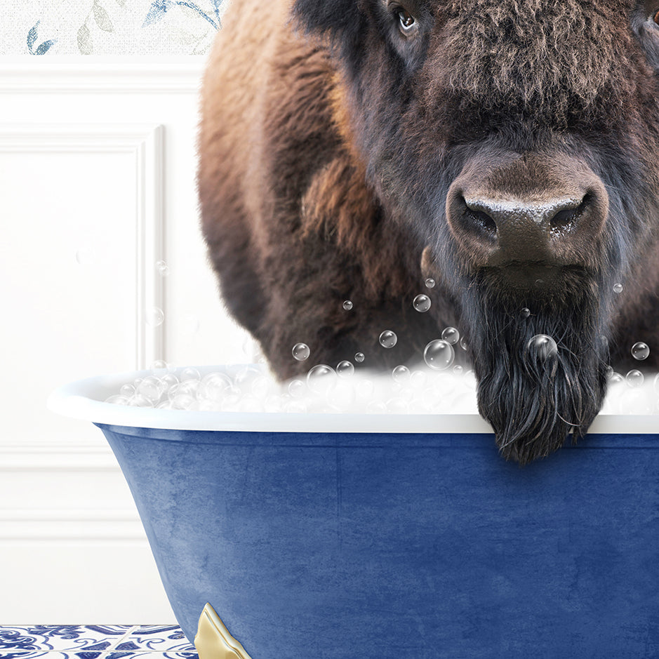 a large buffalo standing in a bath tub