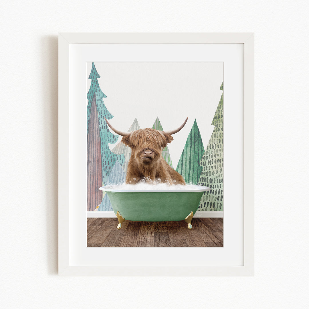 A brown cow with long horns is sitting in a green bathtub, surrounded by a forest scene with trees and a snowy landscape.